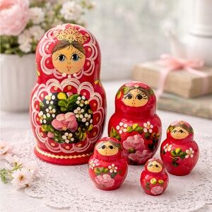 Vintage Russian Nesting Dolls Matryoshka Set Hand Painted Red Floral 5pc